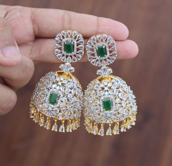 AMERICAN DIAMOND JUMBO JHUMKAS (EMERALD)